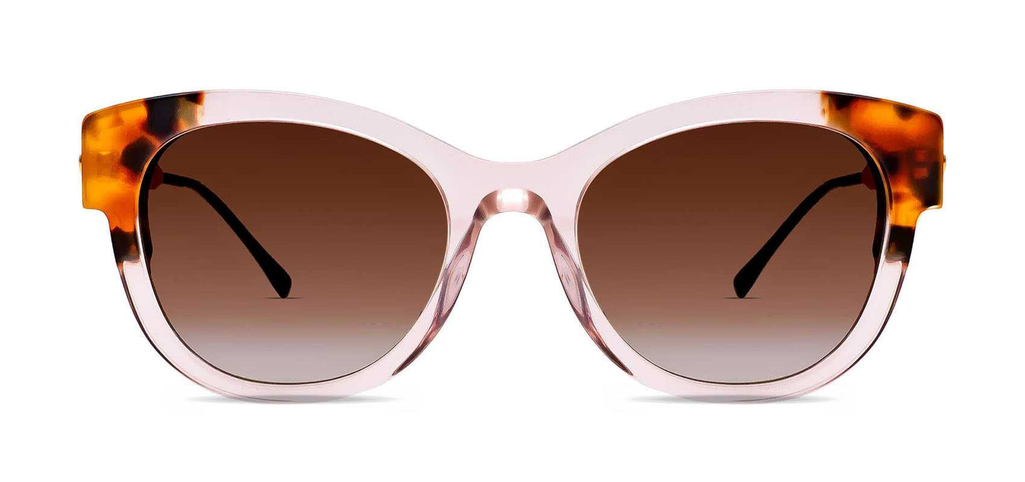 Pink cat-eye sunglasses with gradient brown lenses and silver metal temples