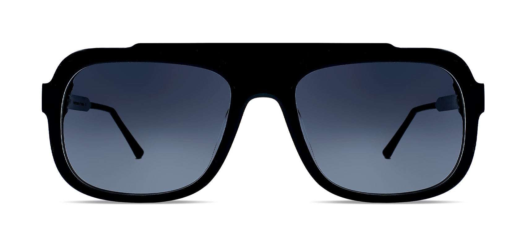 Aviator sunglasses in matte black acetate with gradient grey lenses and silver metal temples