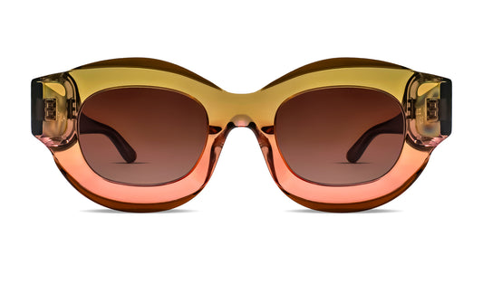 Designer round sunglasses in translucent gradient green-orange acetate
