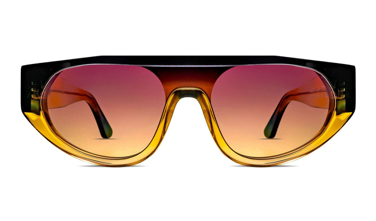 90s-inspired shield sunglasses with futuristic wraparound design and orange tinted lenses