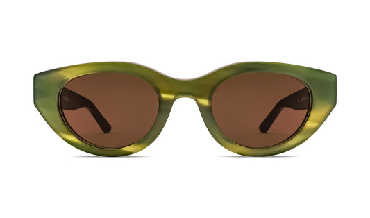 Cat-eye sunglasses with green acetate frame and dark tinted lenses