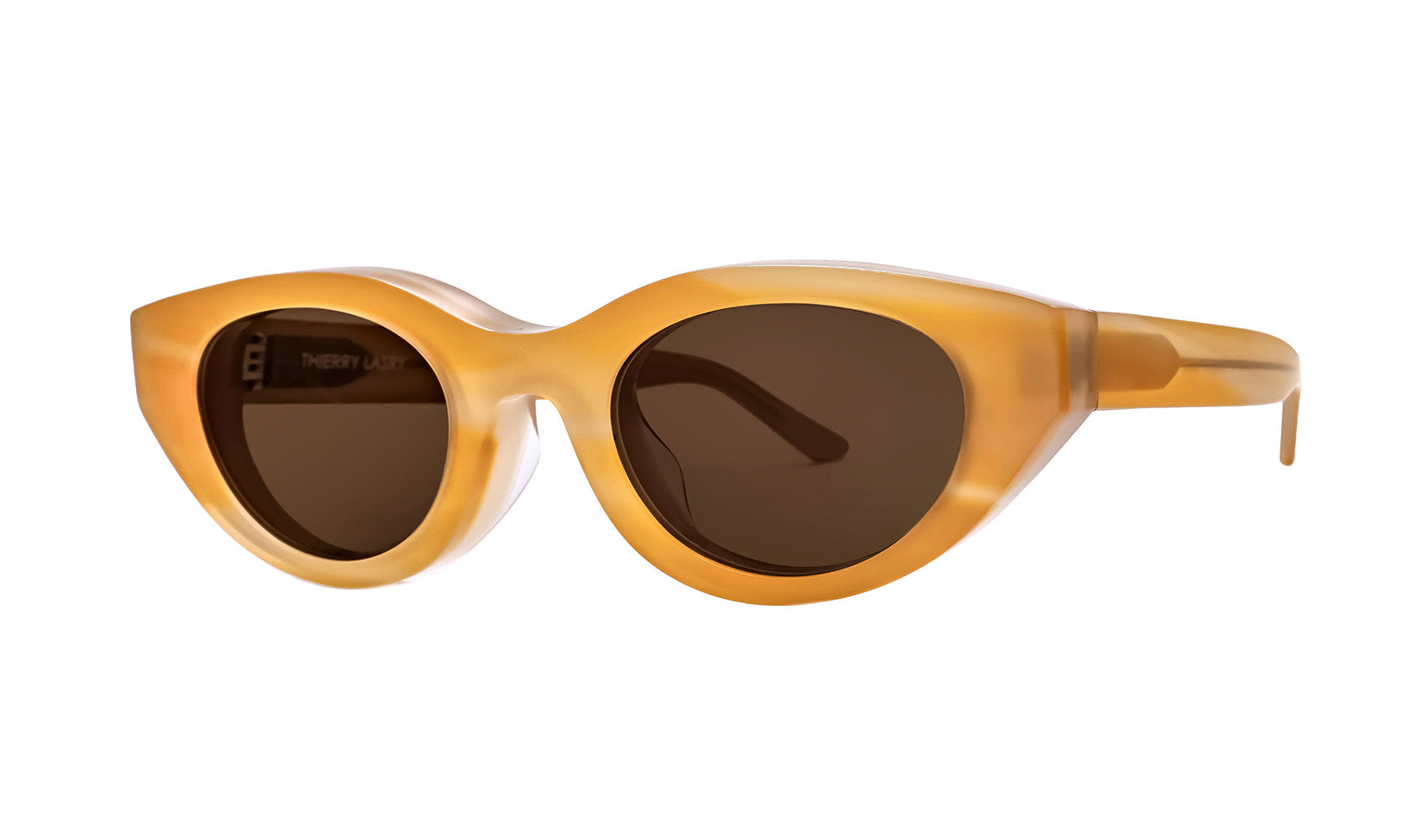 Cat-eye sunglasses with yellow acetate frame and dark tinted lenses