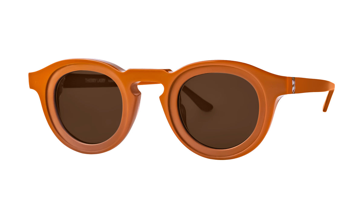 Unisex round orange sunglasses with bold acetate frame and dark UV-protection lenses