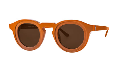 Unisex round orange sunglasses with bold acetate frame and dark UV-protection lenses