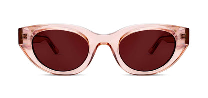 Cat-eye sunglasses with pink acetate frame and dark tinted lenses