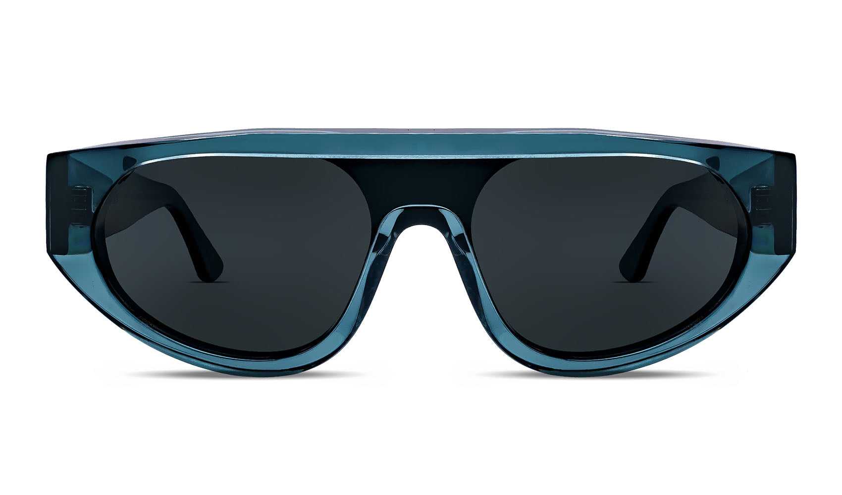 90s-inspired shield sunglasses with futuristic wraparound design and dark lenses