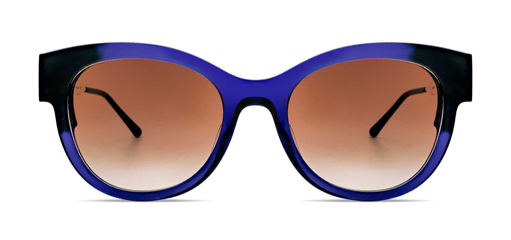 Blue cat-eye sunglasses with gradient brown lenses and silver metal temples