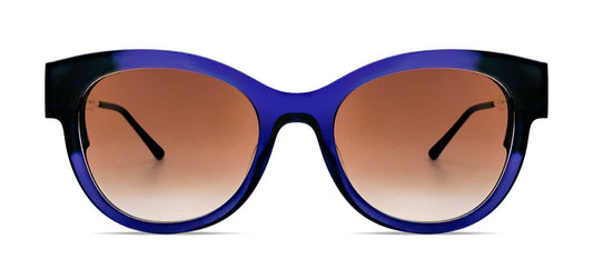 Blue cat-eye sunglasses with gradient brown lenses and silver metal temples