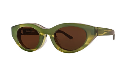 Cat-eye sunglasses with green acetate frame and dark tinted lenses