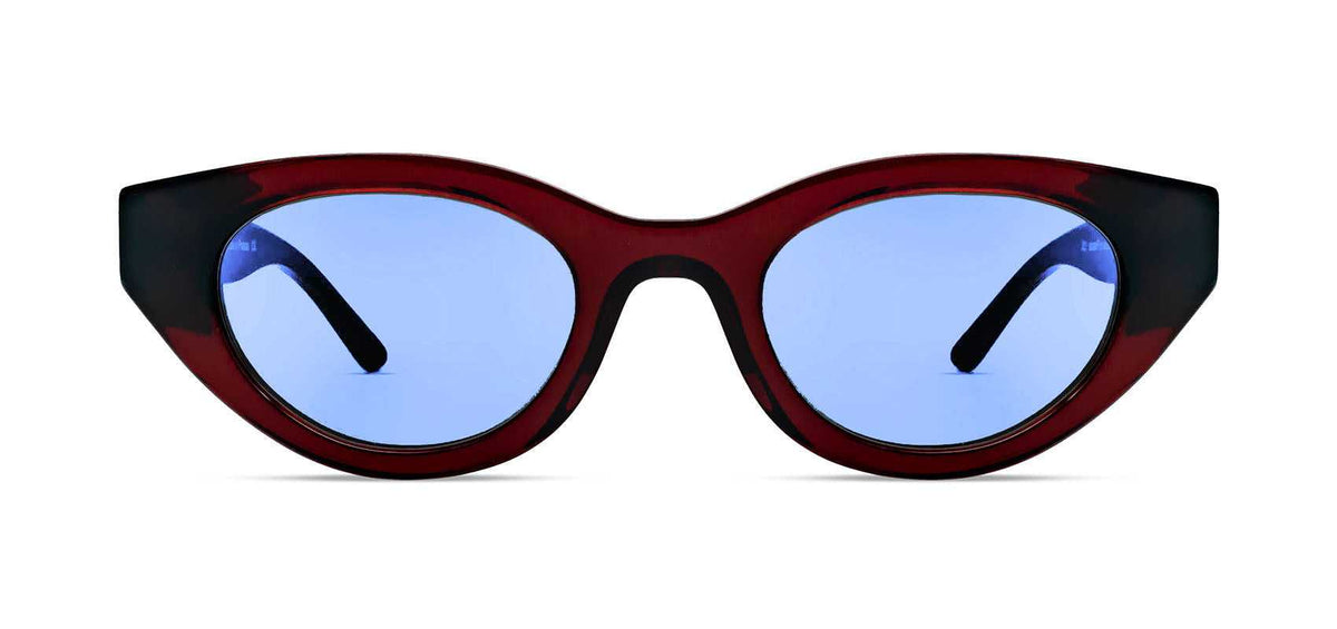 Cat-eye sunglasses with red acetate frame and purple tinted lenses