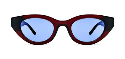 Cat-eye sunglasses with red acetate frame and purple tinted lenses