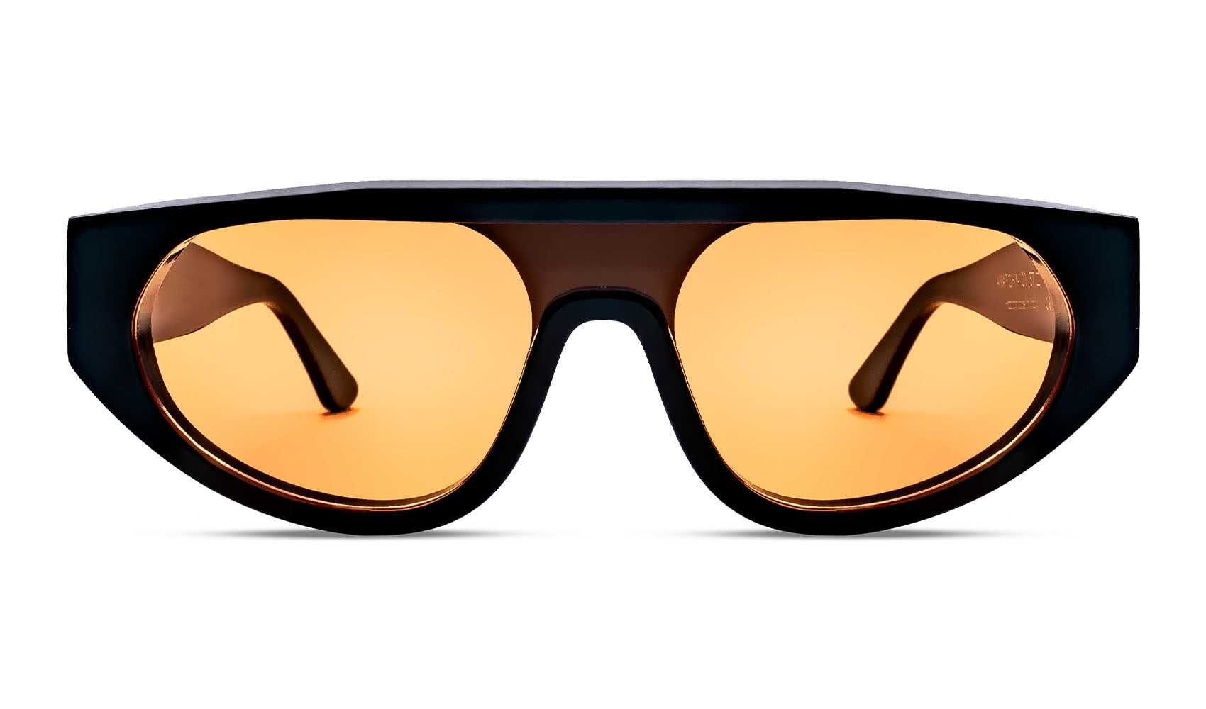 90s-inspired shield sunglasses with futuristic wraparound design and orange tinted lenses