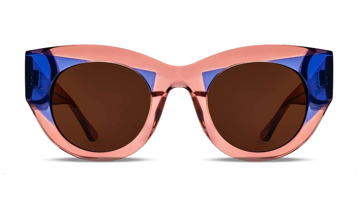 cat‑eye sunglasses in translucent pink and white acetate with brown lenses, handmade in France