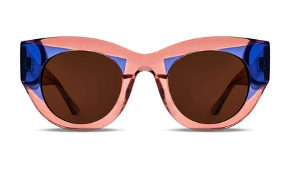 cat‑eye sunglasses in translucent pink and white acetate with brown lenses, handmade in France