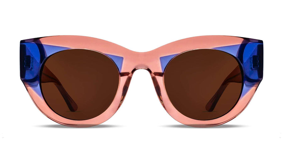cat‑eye sunglasses in translucent pink and white acetate with brown lenses, handmade in France