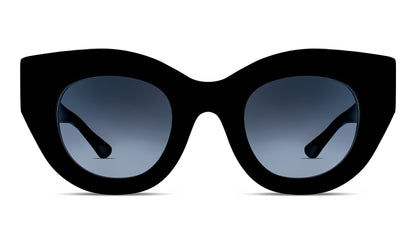Oversized black cat-eye sunglasses with gradient grey lenses