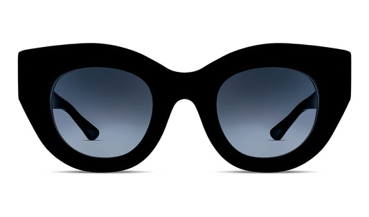 Oversized black cat-eye sunglasses with gradient grey lenses