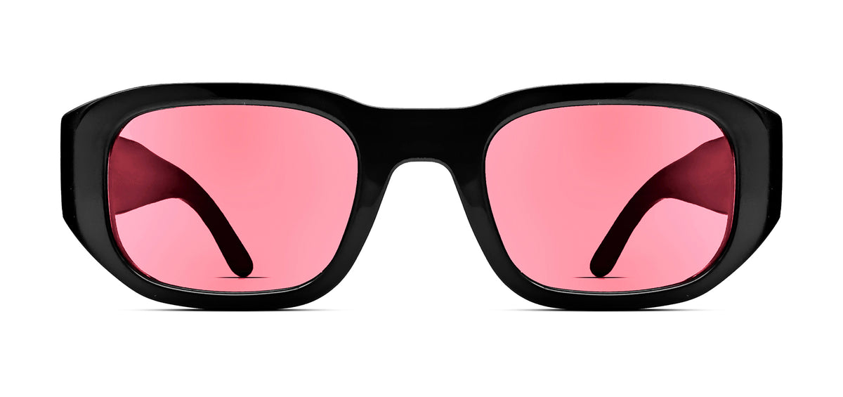 Thierry Lasry VICTIMY unisex futuristic rectangular sunglasses in solid black acetate with red tinted lenses