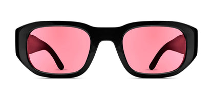 Thierry Lasry VICTIMY unisex futuristic rectangular sunglasses in solid black acetate with red tinted lenses