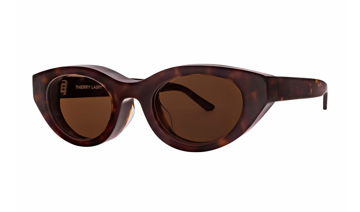 Cat-eye sunglasses with tortoiseshell acetate frame and dark tinted lenses