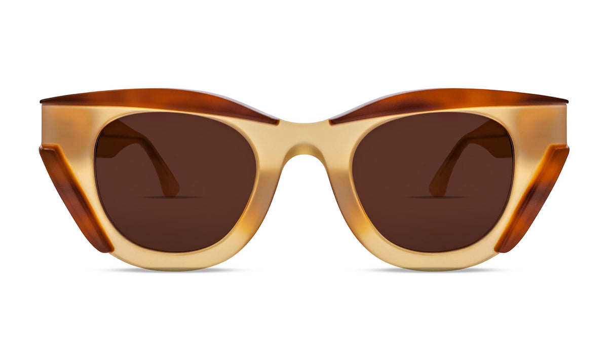 Thierry Lasry DISMISSY Luxury Cat-Eye Sunglasses, milky yellow and brown acetate, optimal UV protection, handcrafted in Italy