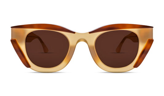 Thierry Lasry DISMISSY Luxury Cat-Eye Sunglasses, milky yellow and brown acetate, optimal UV protection, handcrafted in Italy