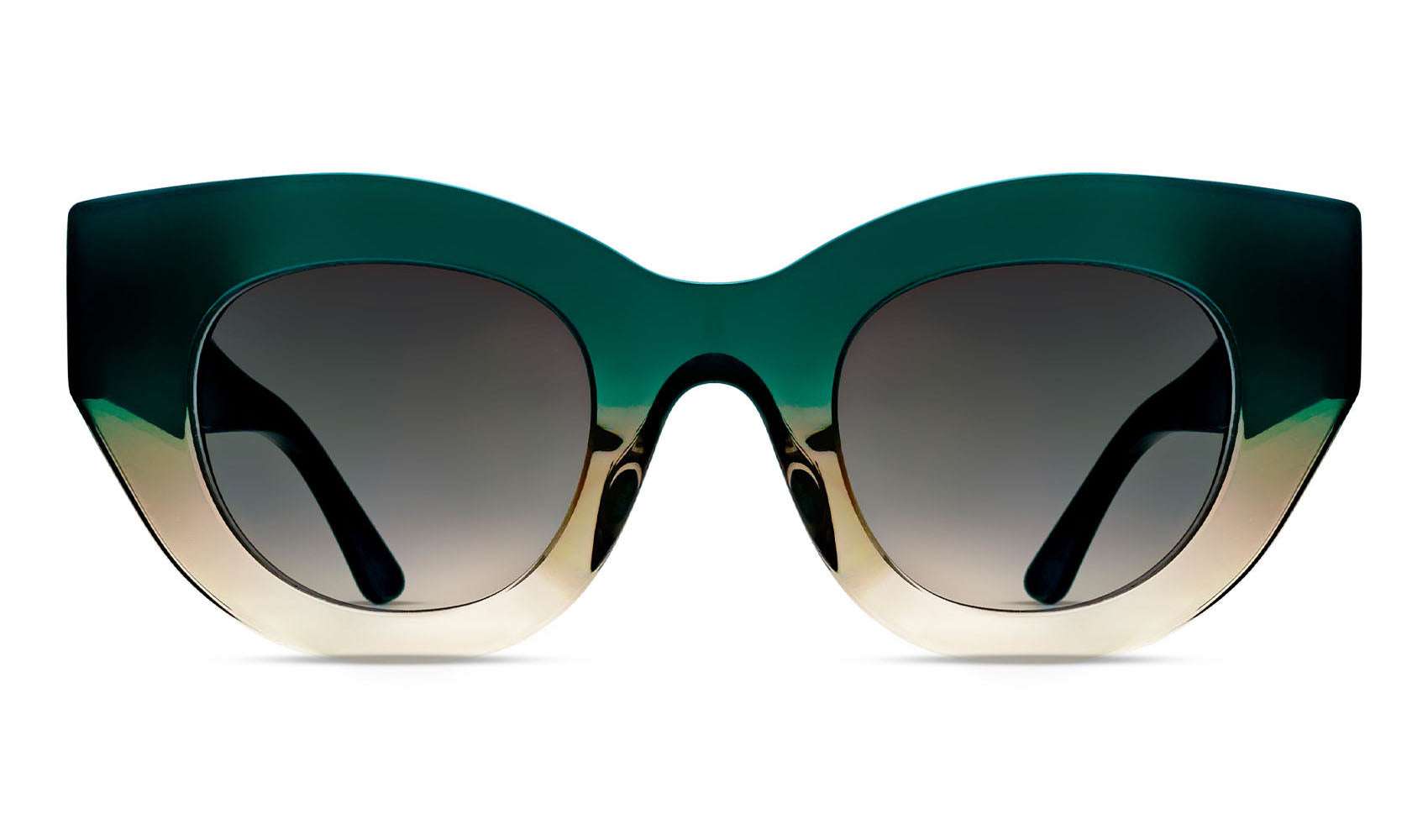 Oversized green cat-eye sunglasses with gradient grey lenses