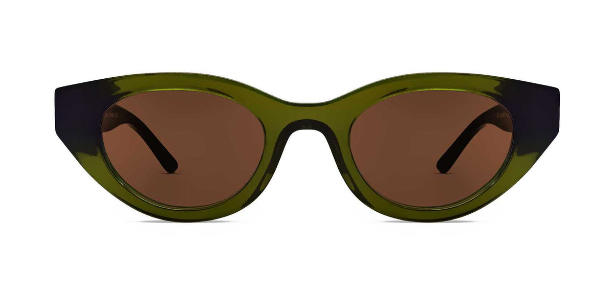 Cat-eye sunglasses with green acetate frame and dark tinted lenses