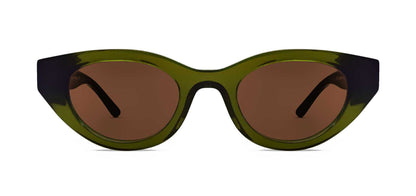 Cat-eye sunglasses with green acetate frame and dark tinted lenses