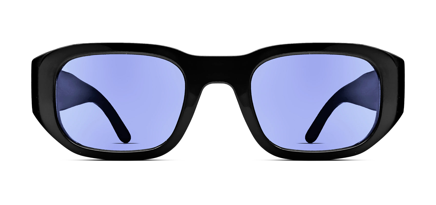 Thierry Lasry VICTIMY unisex futuristic rectangular sunglasses in solid black acetate with purple tinted lenses
