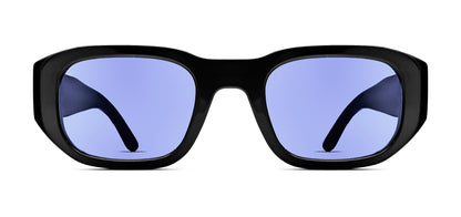 Thierry Lasry VICTIMY unisex futuristic rectangular sunglasses in solid black acetate with purple tinted lenses