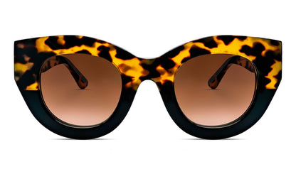 Oversized tortoiseshell and black cat-eye sunglasses with gradient brown lenses