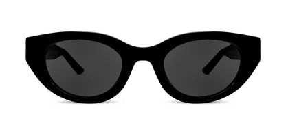 Cat-eye sunglasses with black acetate frame and dark tinted lenses