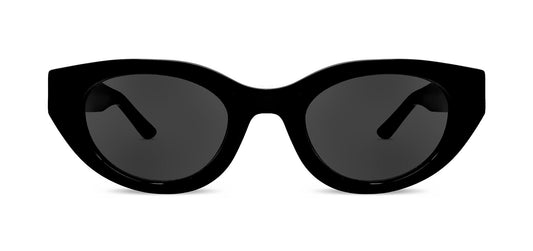 Cat-eye sunglasses with black acetate frame and dark tinted lenses