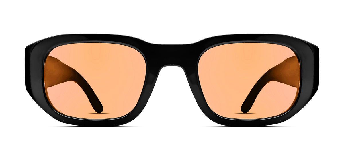 Thierry Lasry VICTIMY unisex futuristic rectangular sunglasses in solid black acetate with orange tinted lenses