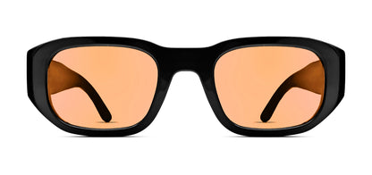 Thierry Lasry VICTIMY unisex futuristic rectangular sunglasses in solid black acetate with orange tinted lenses