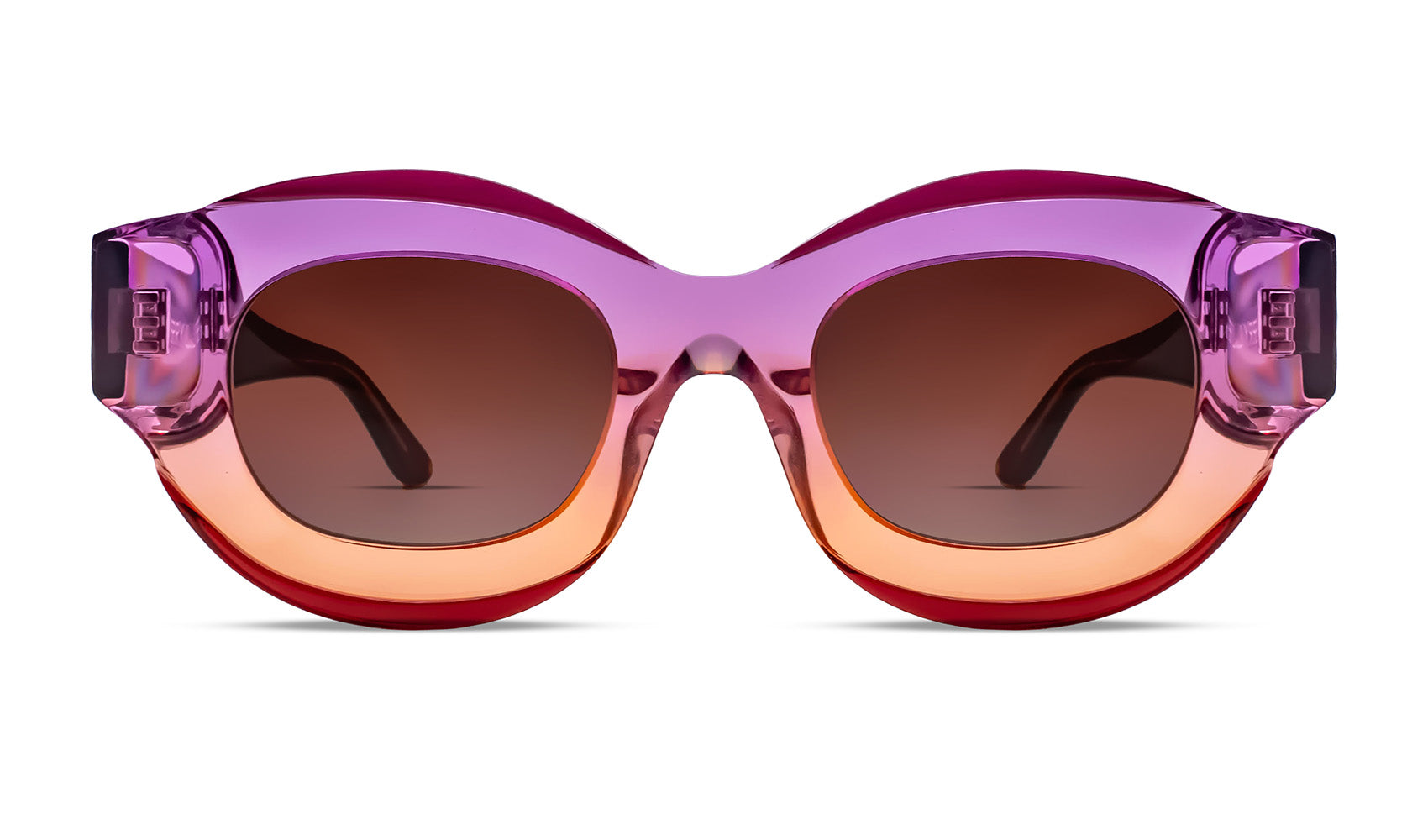 Designer round sunglasses in translucent gradient purple‑orange acetate