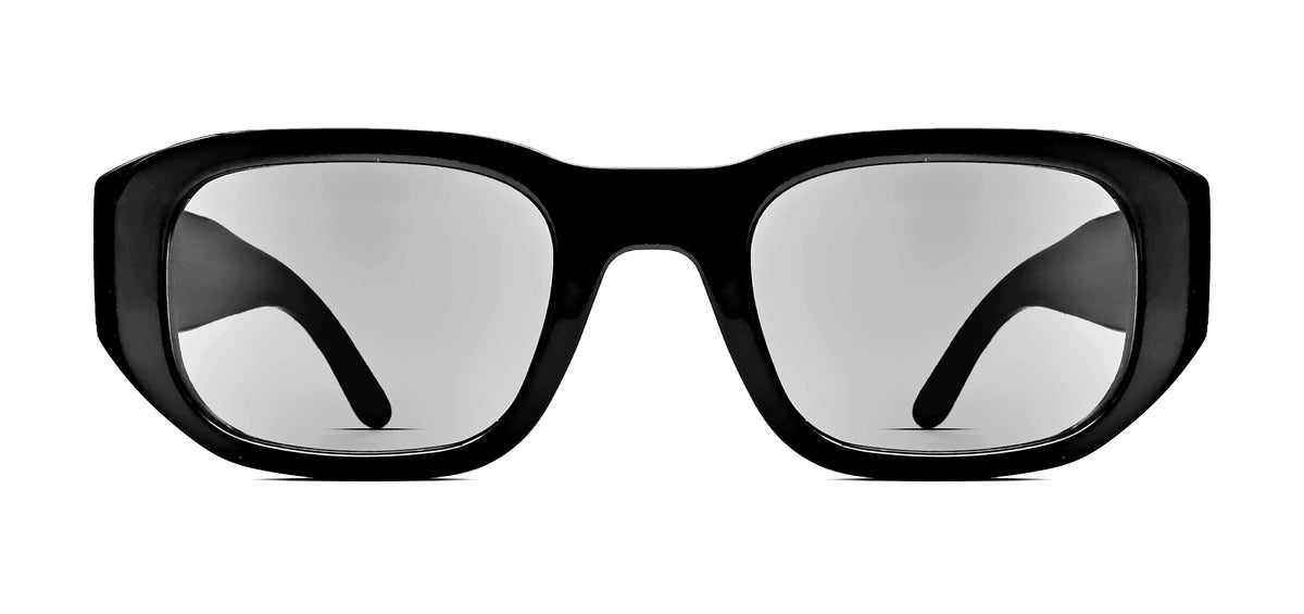 Thierry Lasry VICTIMY unisex futuristic rectangular sunglasses in solid black acetate with light grey tinted lenses