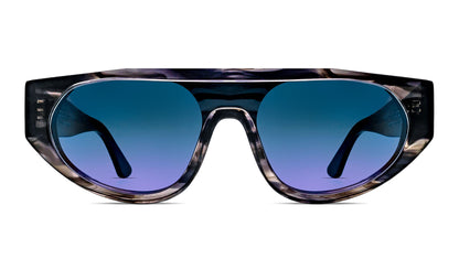 90s-inspired shield sunglasses with futuristic wraparound design and purple tinted lenses