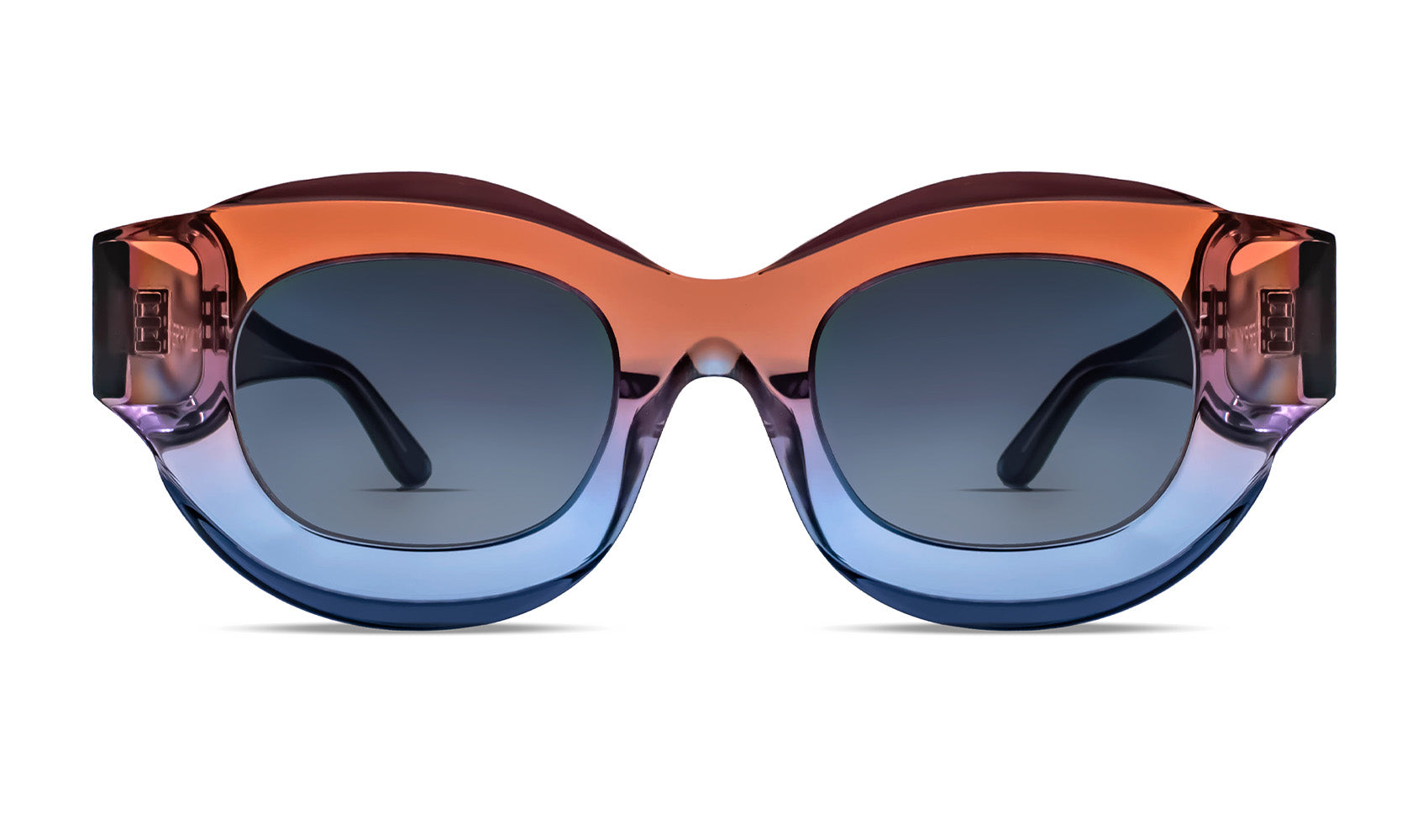 Designer round sunglasses in translucent gradient orange-blue acetate