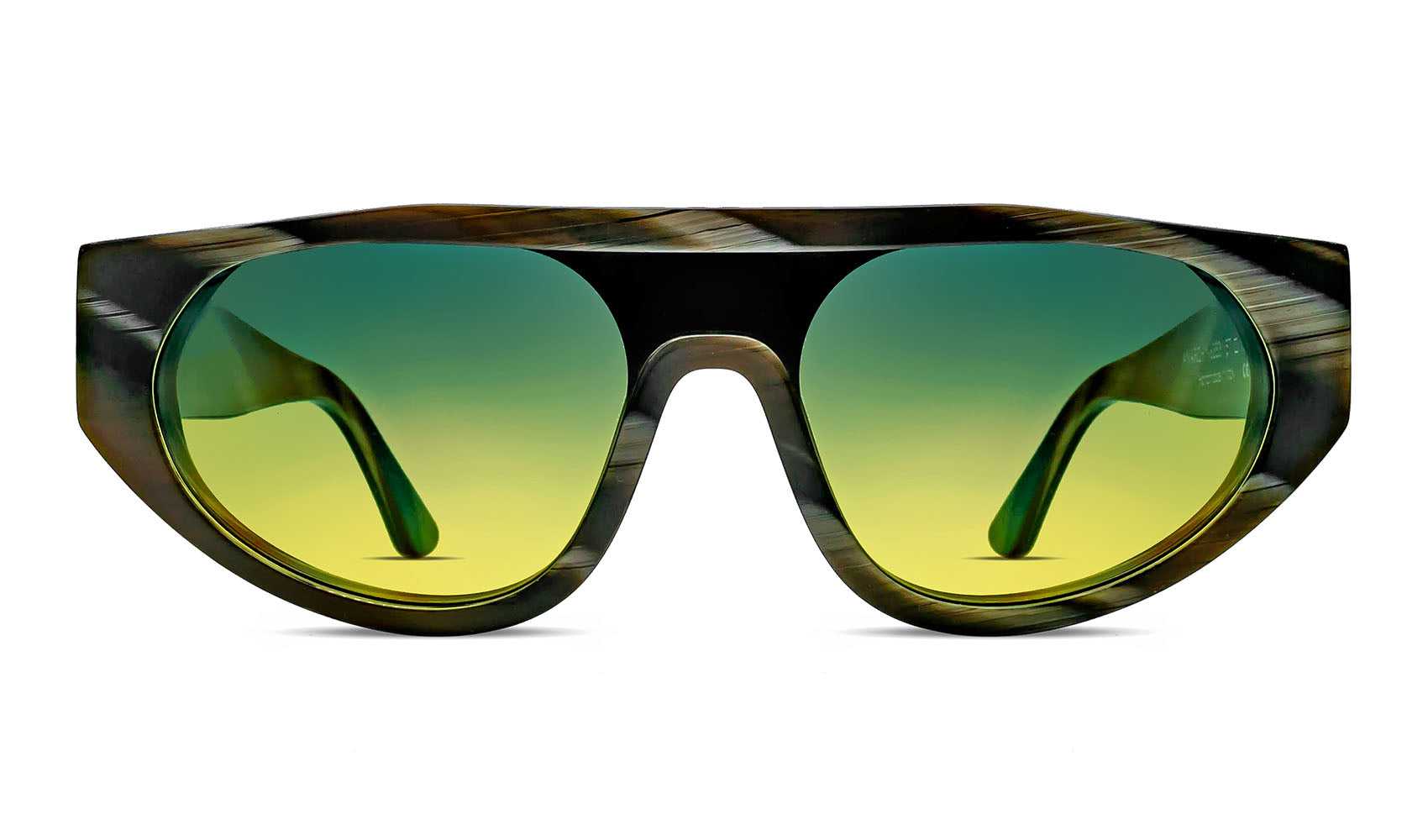 90s-inspired shield sunglasses with futuristic wraparound design and green tinted lenses