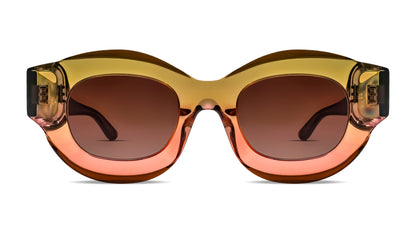 Designer round sunglasses in translucent gradient green-orange acetate