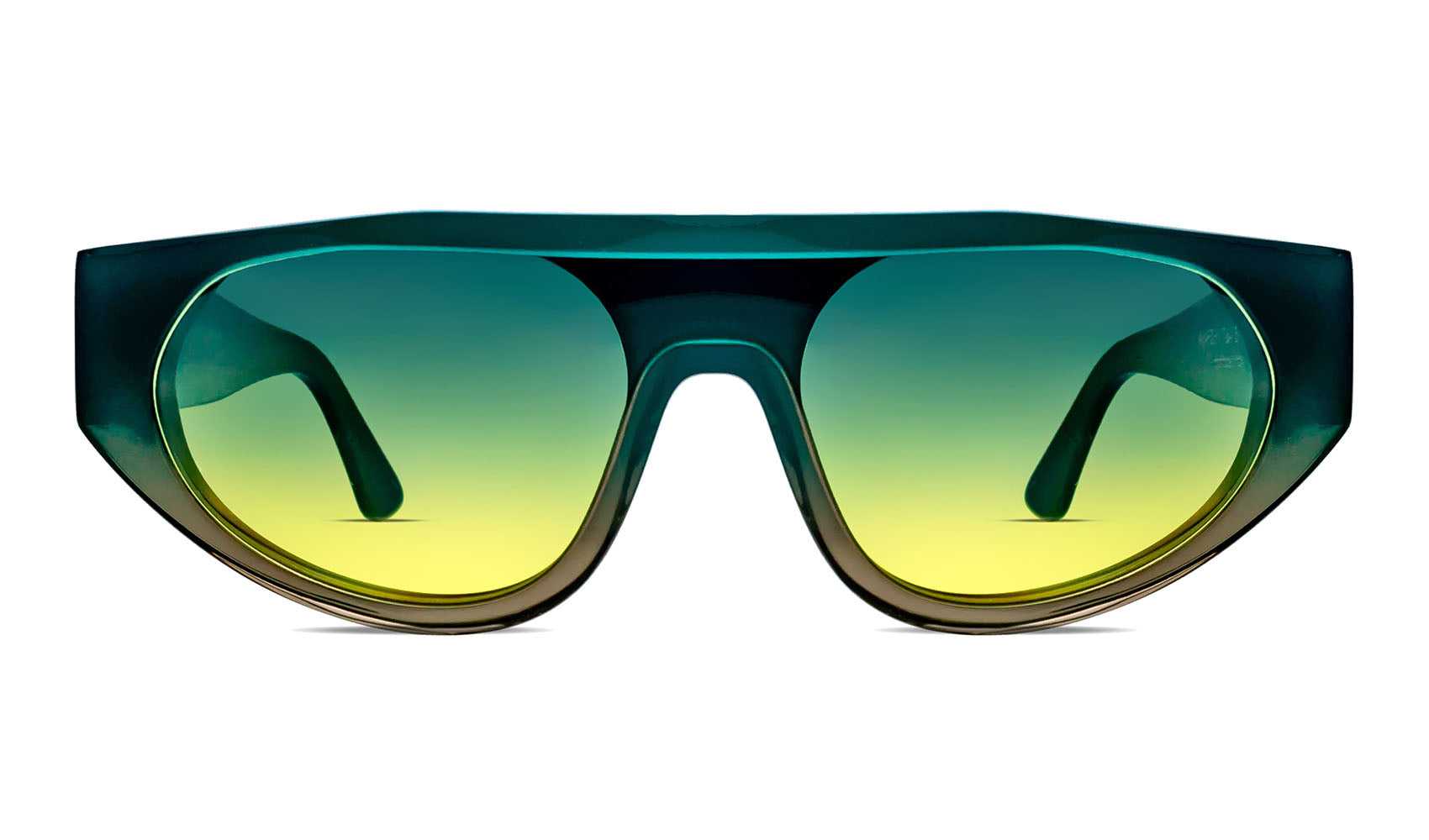 90s-inspired shield sunglasses with futuristic wraparound design and green tinted lenses