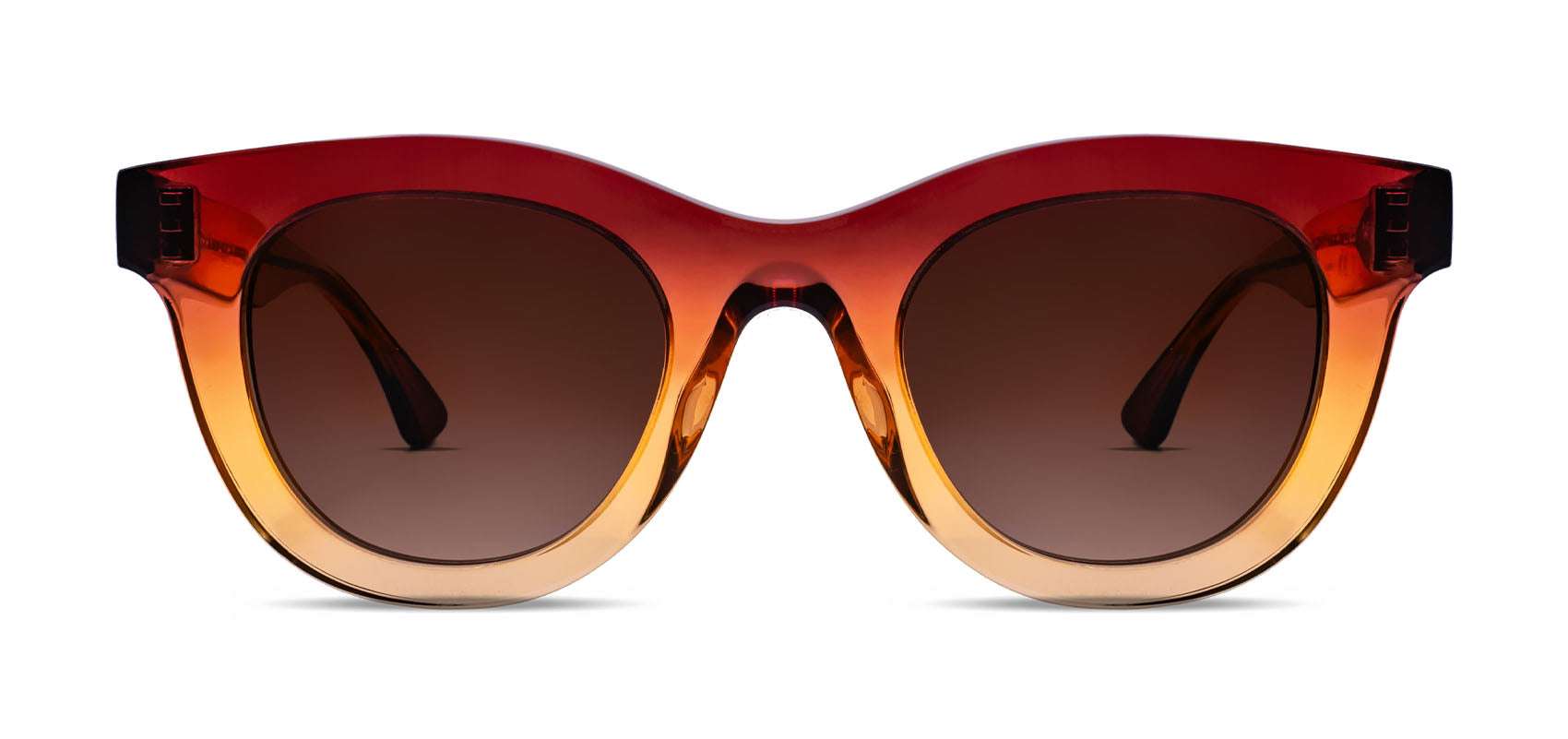 Thierry Lasry Consistency soft cat-eye sunglasses in red and yellow gradient acetate, handcrafted in Italy, optimal UV protection