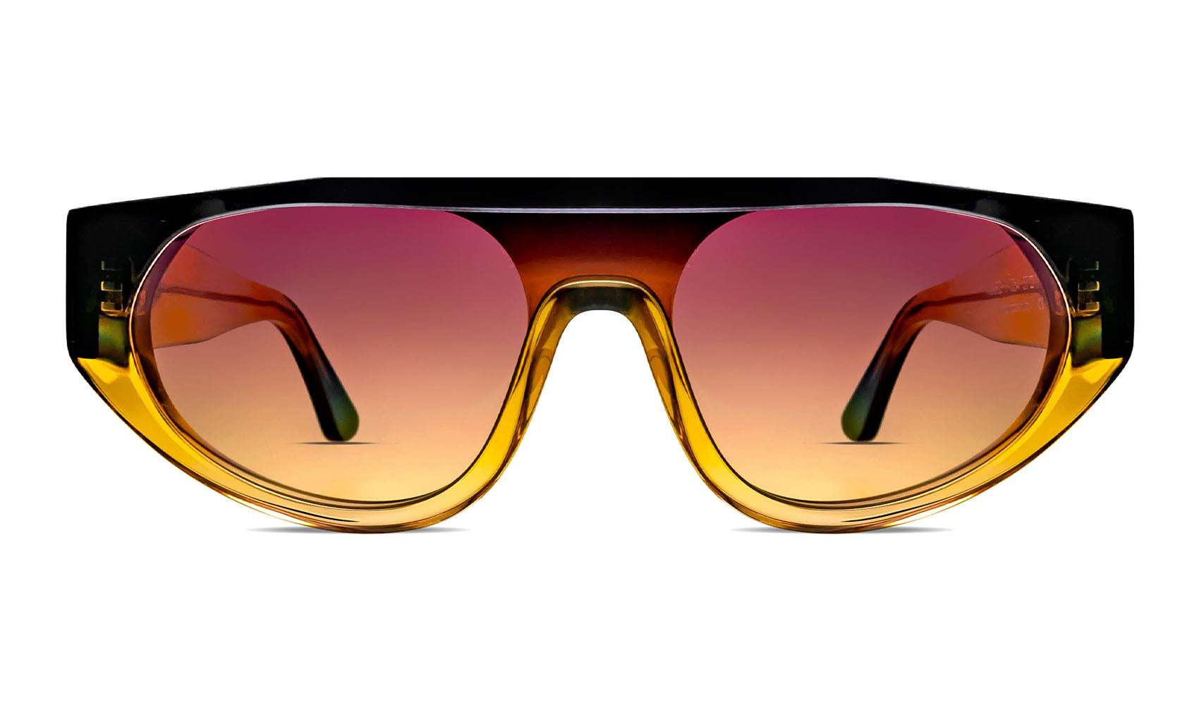 90s-inspired shield sunglasses with futuristic wraparound design and orange tinted lenses