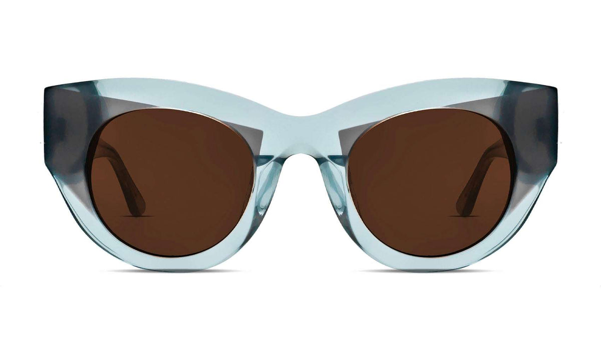 cat‑eye sunglasses in translucent green and white acetate with brown lenses, handmade in France