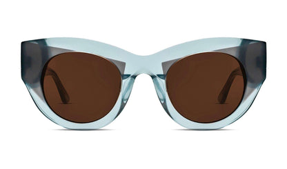 cat‑eye sunglasses in translucent green and white acetate with brown lenses, handmade in France