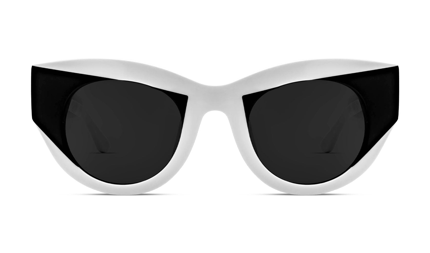 cat‑eye sunglasses in solid white and black acetate with grey lenses, handmade in France