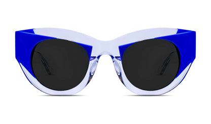cat‑eye sunglasses in clear and blue acetate with grey lenses, handmade in France
