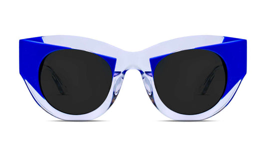 cat‑eye sunglasses in clear and blue acetate with grey lenses, handmade in France